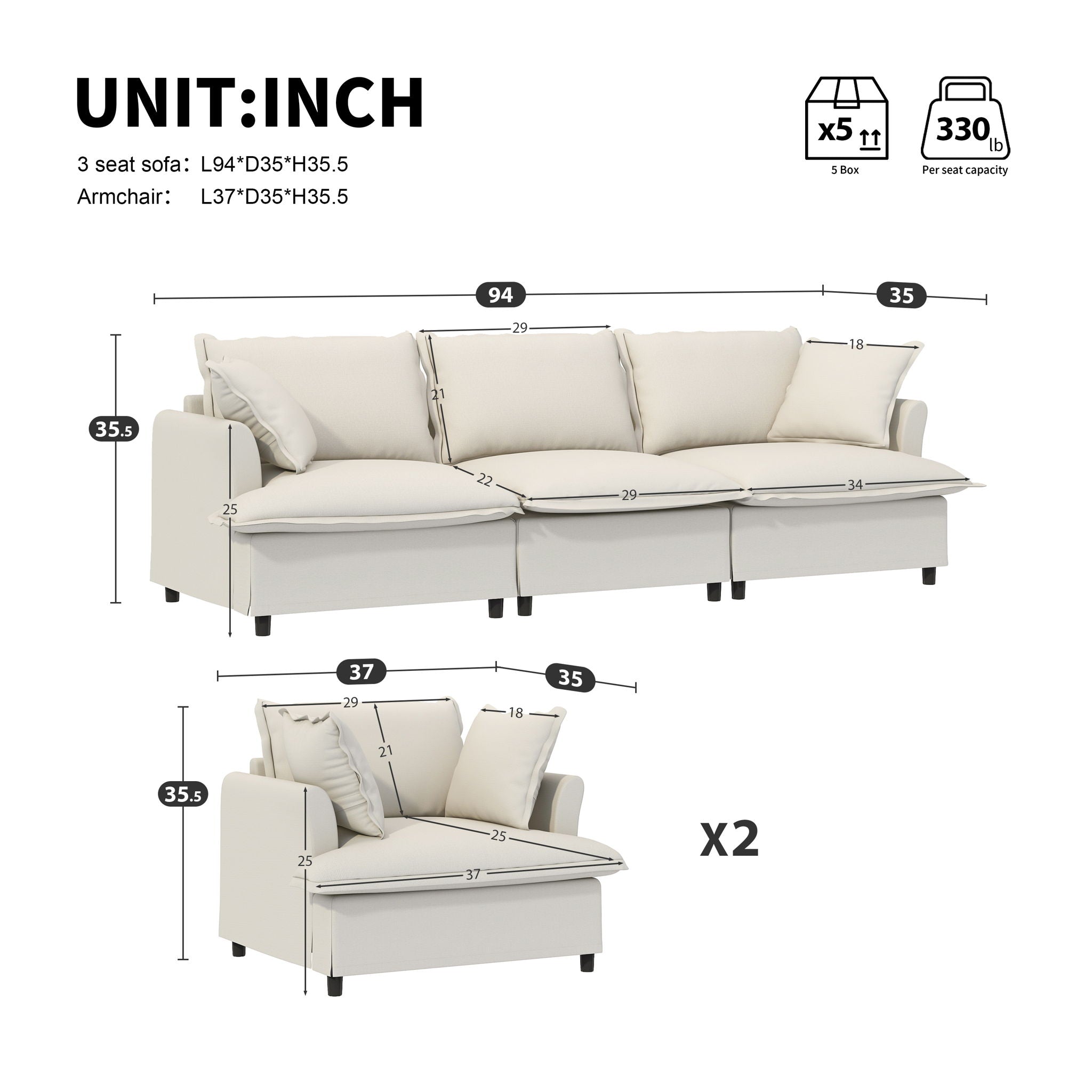 Living Room Set Modular Sectional Couch, Upholstered Sofa &amp; Armchair &amp; Movable Ottoman