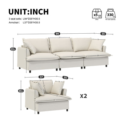 Living Room Set Modular Sectional Couch, Upholstered Sofa &amp; Armchair &amp; Movable Ottoman