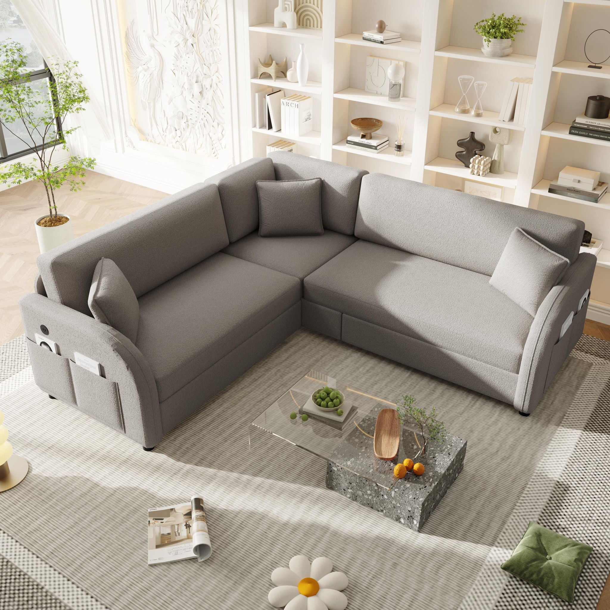 L-Shaped Couch With Pull-Out Bed, Oversize Convertible Sleeper Sofa With Side Pocket &amp; USB Port