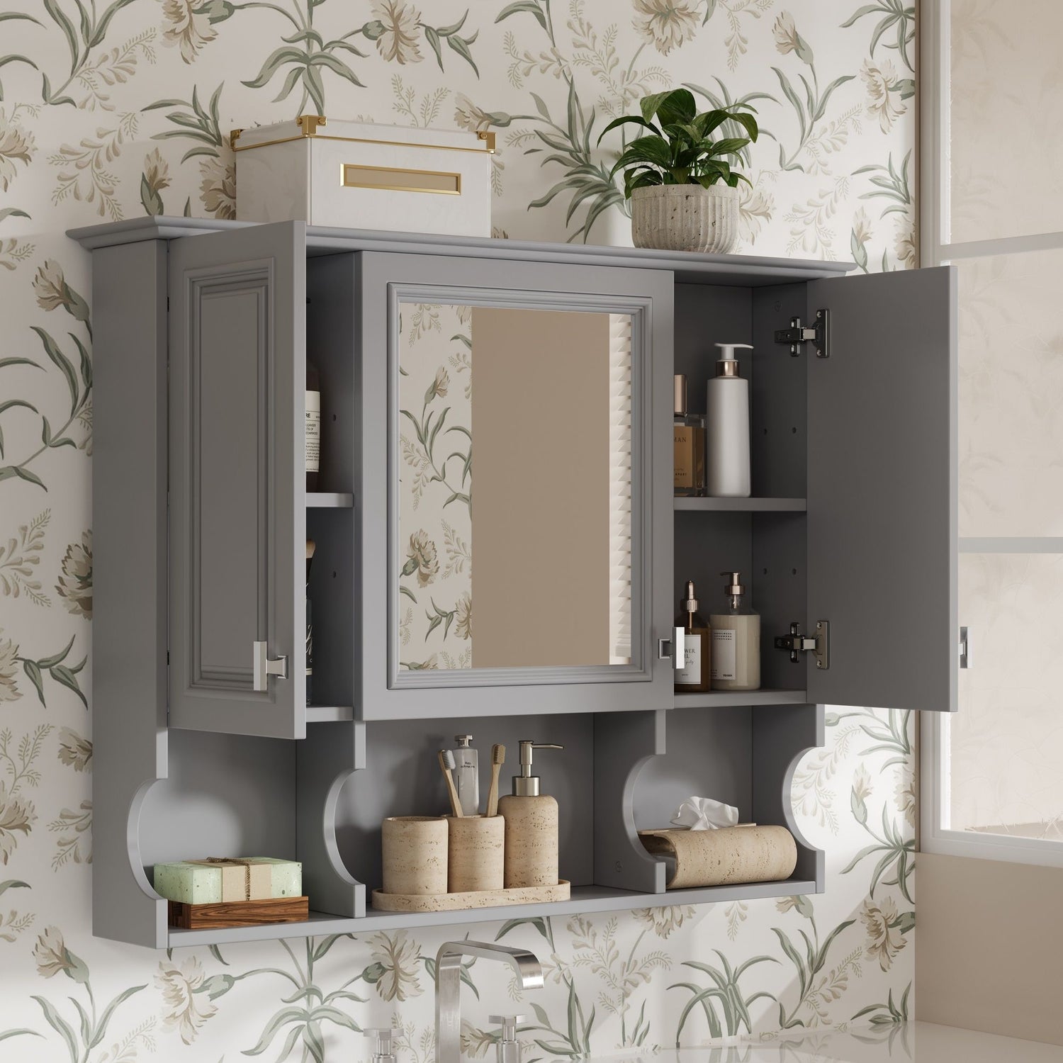Wall Mounted Bathroom Medicine Wall Cabinet With Mirror &amp; Open Shelves