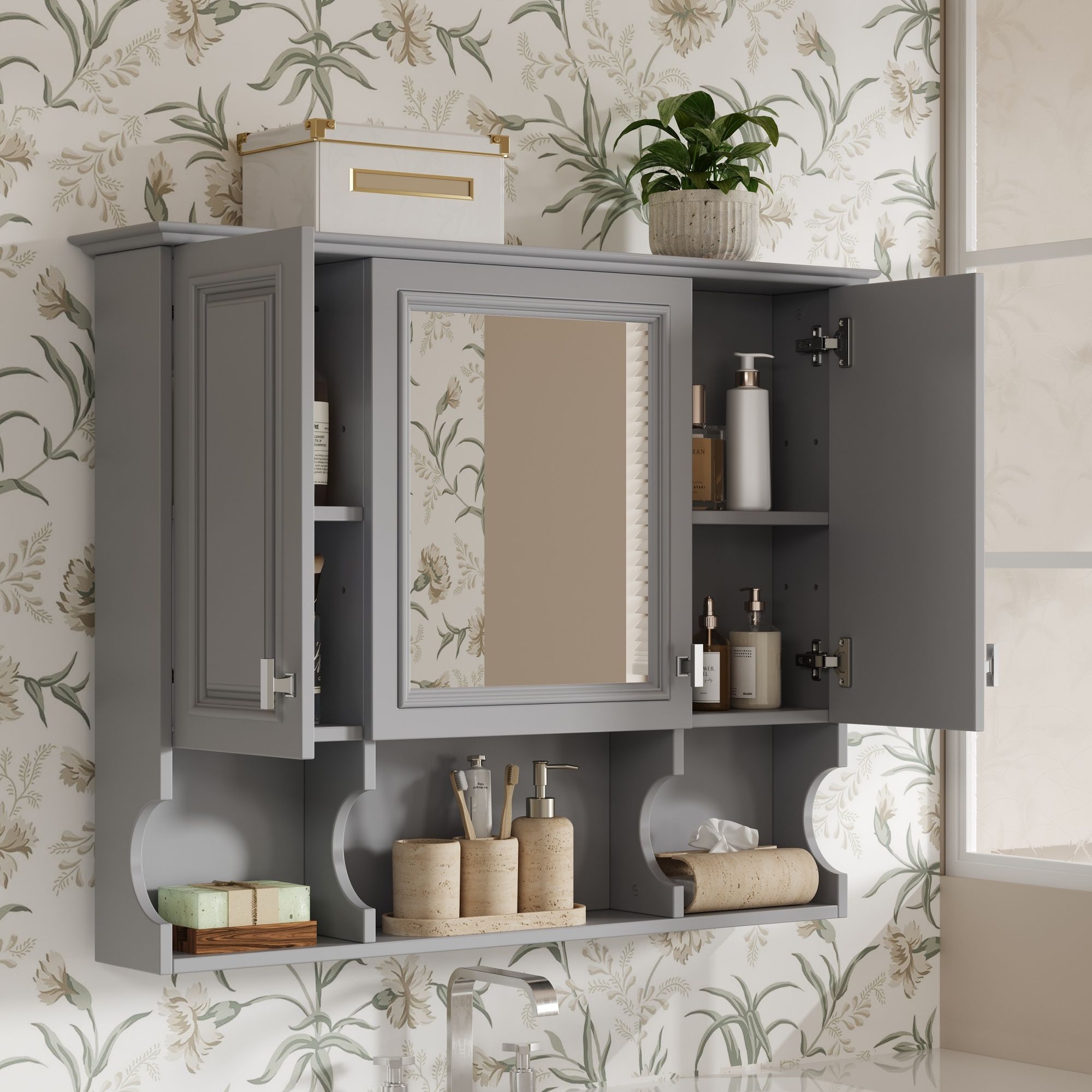 Wall Mounted Bathroom Medicine Wall Cabinet With Mirror &amp; Open Shelves