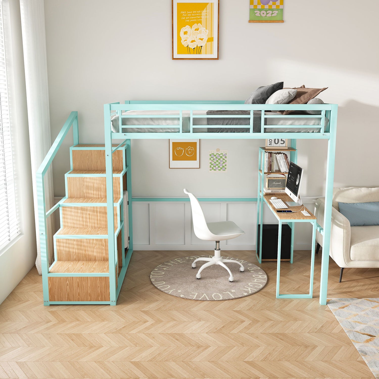 Heavy Metal Frame Full Loft Bed With Desk &amp; Storage, 4 Cabinets, Staircase, Rack Space Saver - Green