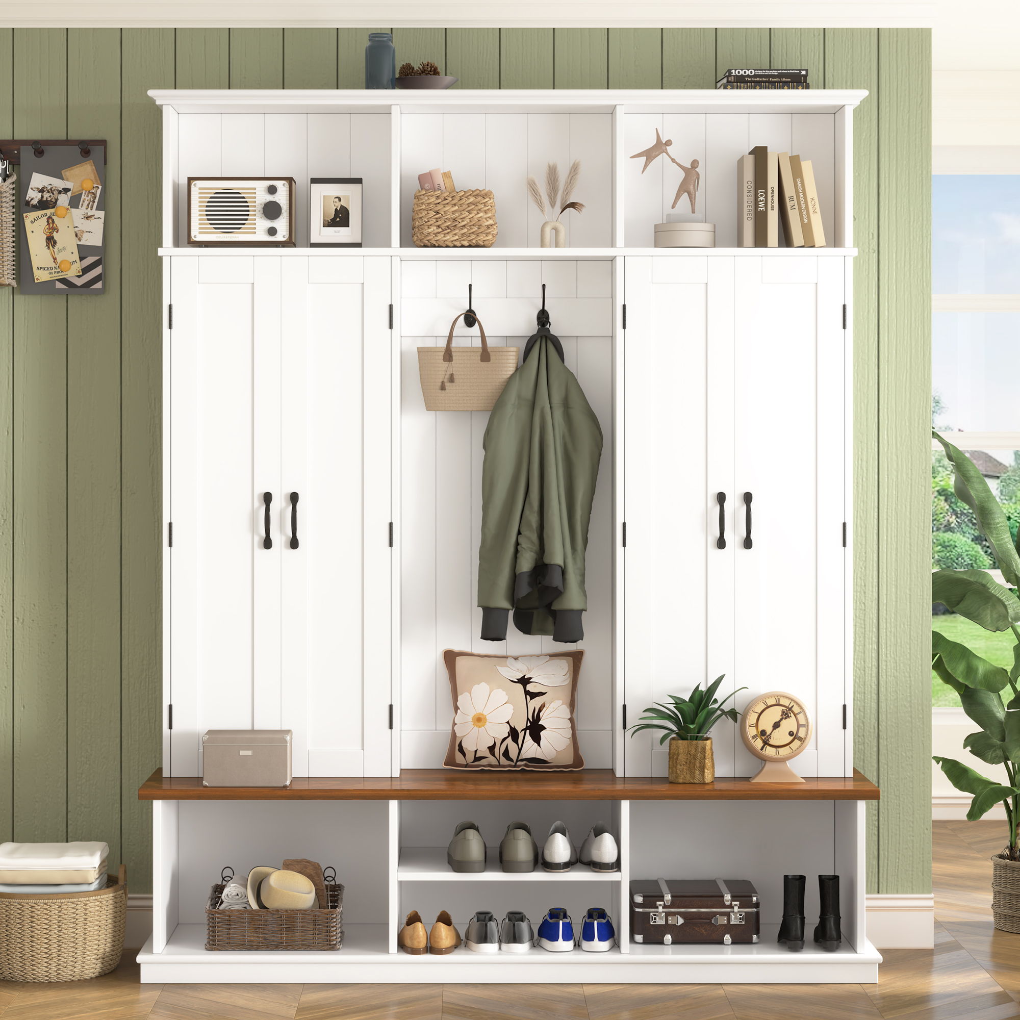 Entryway Hall Tree With Bench, 3 Top Cubbies &amp; Bottom Storage Space
