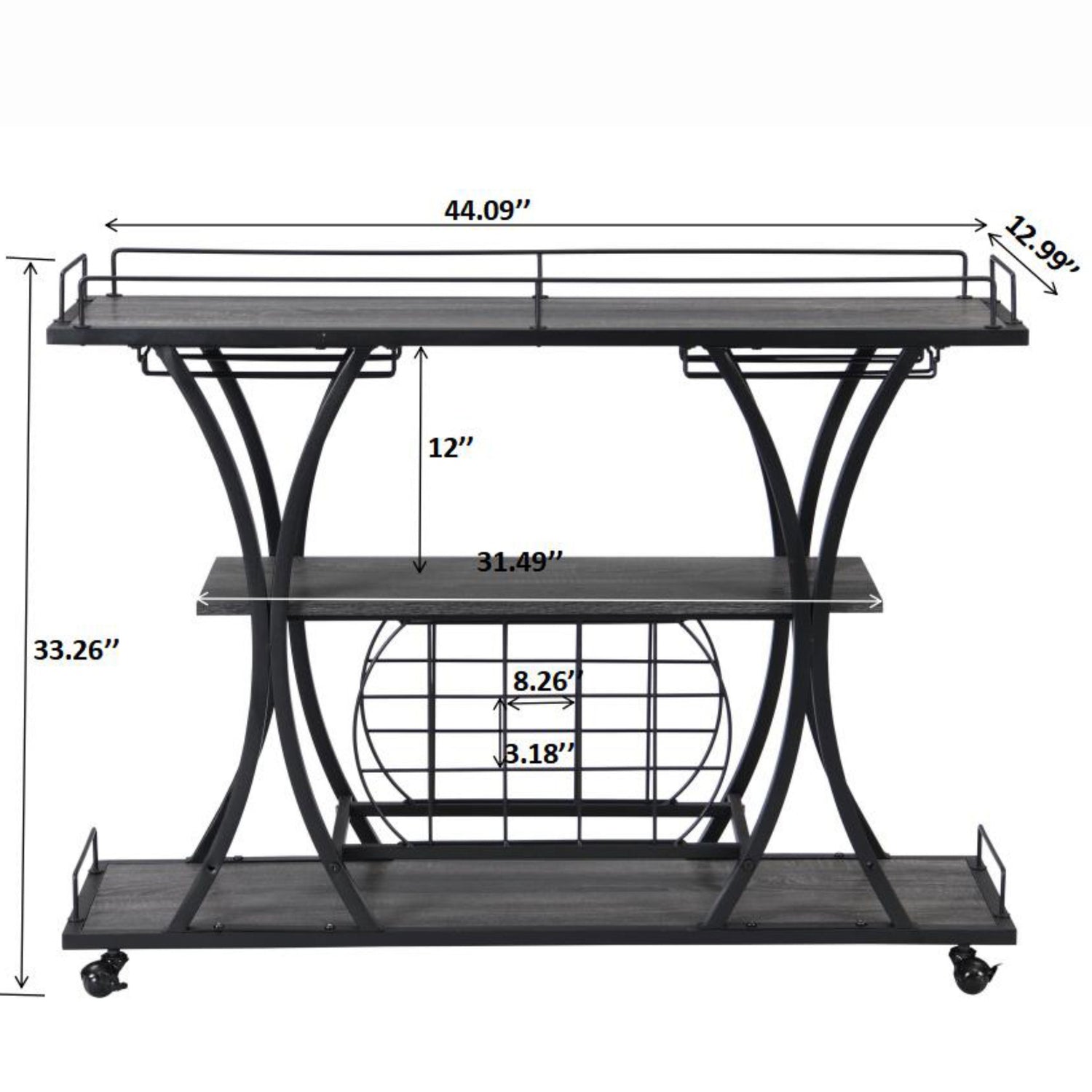 Industrial Bar Cart Kitchen Bar &amp; Serving Cart For Home With Wheels 3 Tier Storage Shelves - Black / Gray