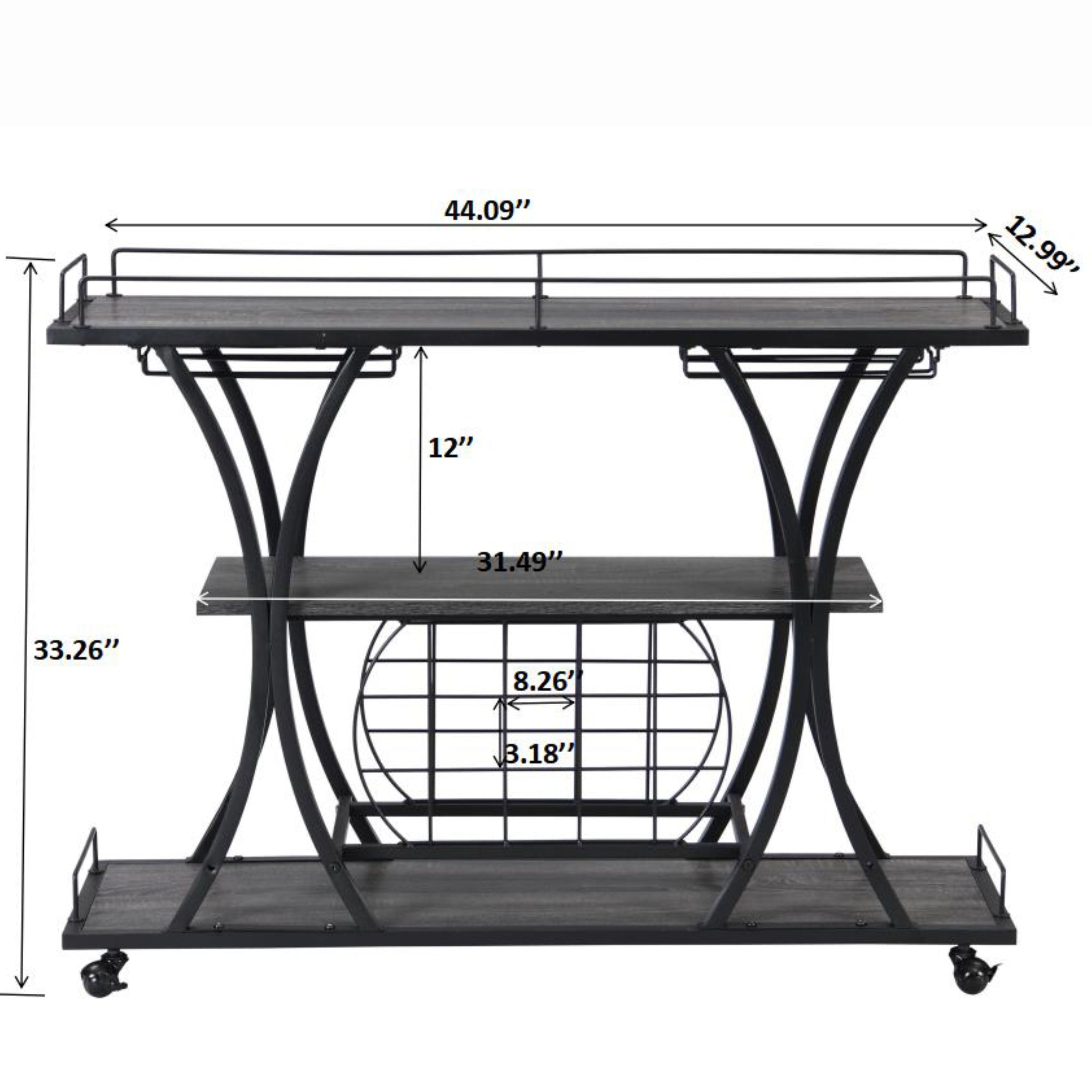 Industrial Bar Cart Kitchen Bar &amp; Serving Cart For Home With Wheels 3 Tier Storage Shelves - Black / Gray