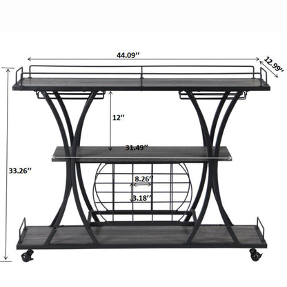 Industrial Bar Cart Kitchen Bar &amp; Serving Cart For Home With Wheels 3 Tier Storage Shelves - Black / Gray