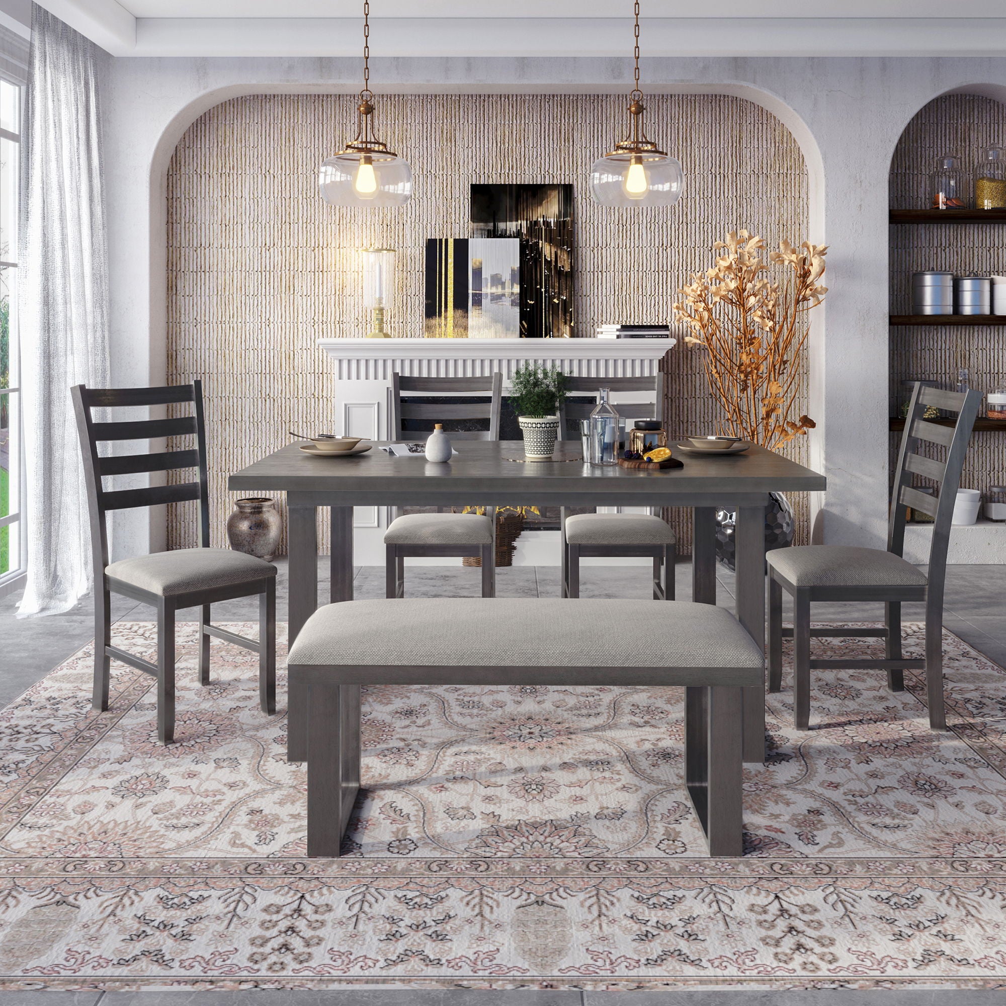 6 Pieces Family Furniture, Solid Wood Dining Room Set With Rectangular Table &amp; 4 Chairs With Bench - Gray