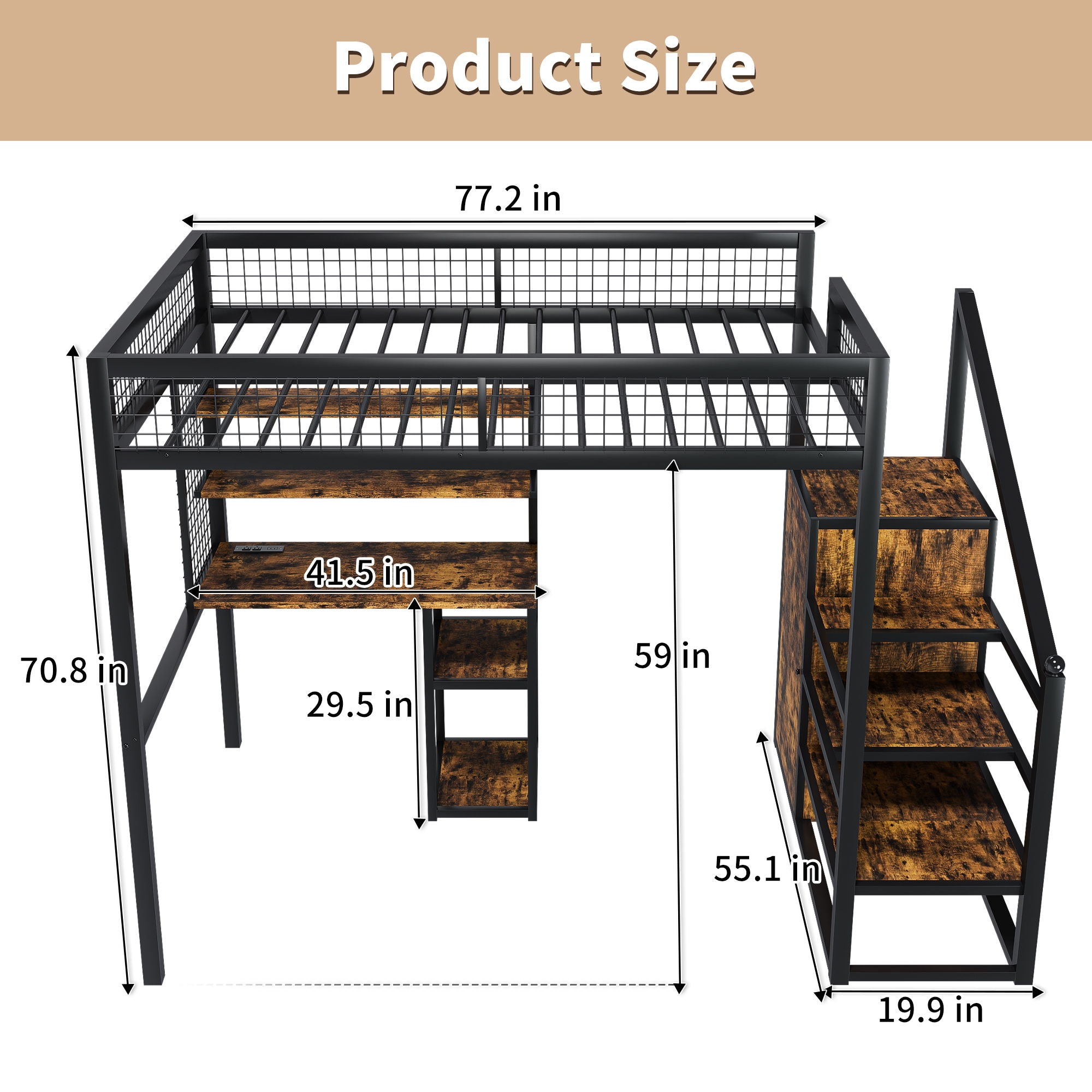 Full Size Loft Bed With Desk &amp; Wardrobe Heavy Frame, Built In Staircase, Storage Rack &amp; Shelves Gaming Bed - Black