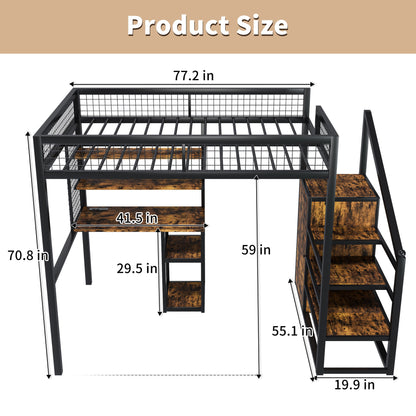 Full Size Loft Bed With Desk &amp; Wardrobe Heavy Frame, Built In Staircase, Storage Rack &amp; Shelves Gaming Bed - Black