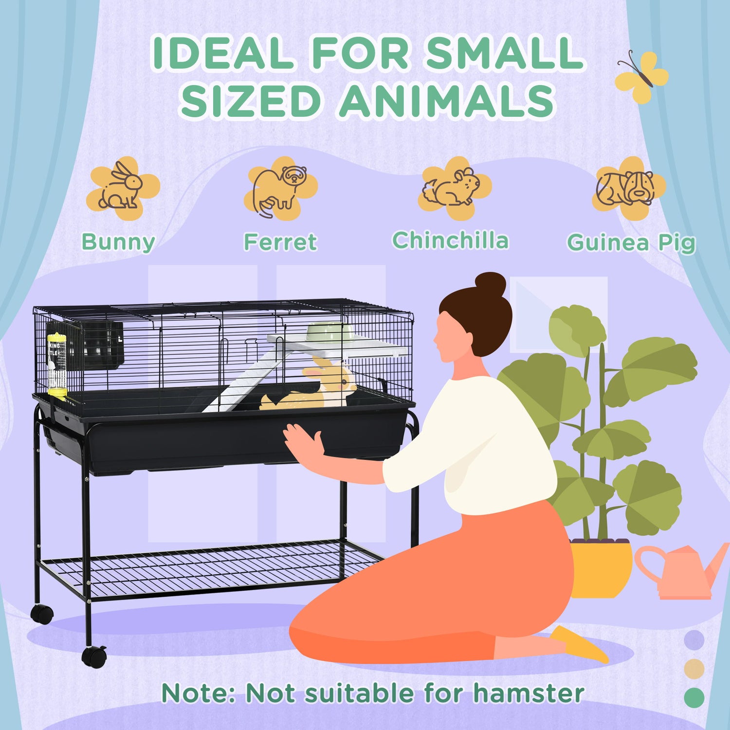 Pawhut - Two-Story Small Animal Cage Removable From Stand, Guinea Pig Cage, Hedgehog Cage, Chinchilla Cage, Ferret, With Shelf &amp; Wheels, Pet Habitat - Black