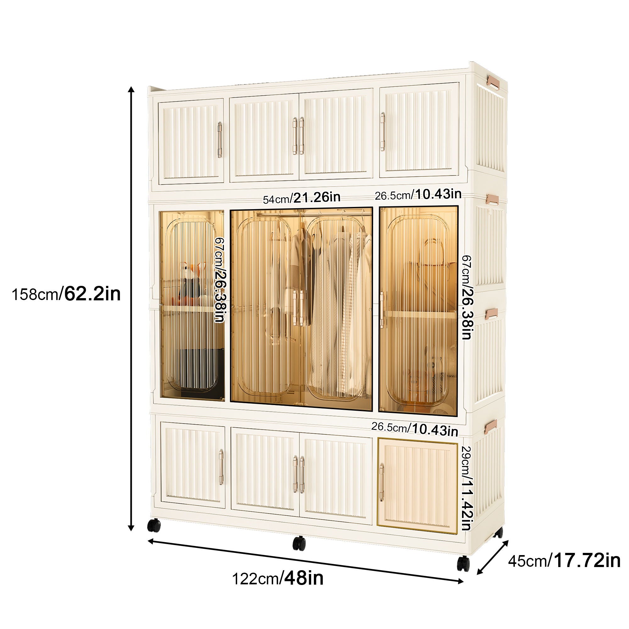 Portable Wardrobe Closet Storage Organizer With 12 Magnetic Doors, 12 Cubes, Hanging Rod &amp; 6 Hangers - Creamy White