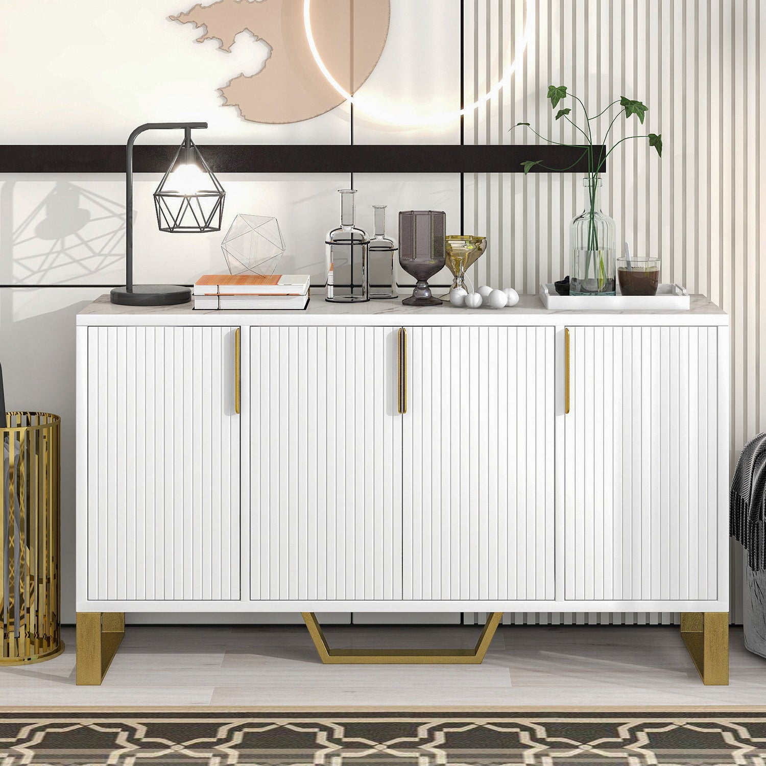 Modern Sideboard With Four Doors, Metal Handles &amp; Legs And Adjustable Shelves Kitchen Cabinet