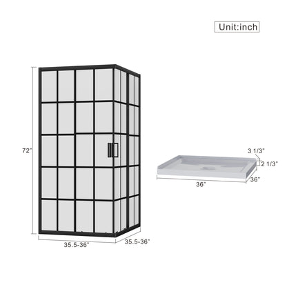 Corner Shower Enclosure Double Sliding Door &amp; Shower Base - Matte Black