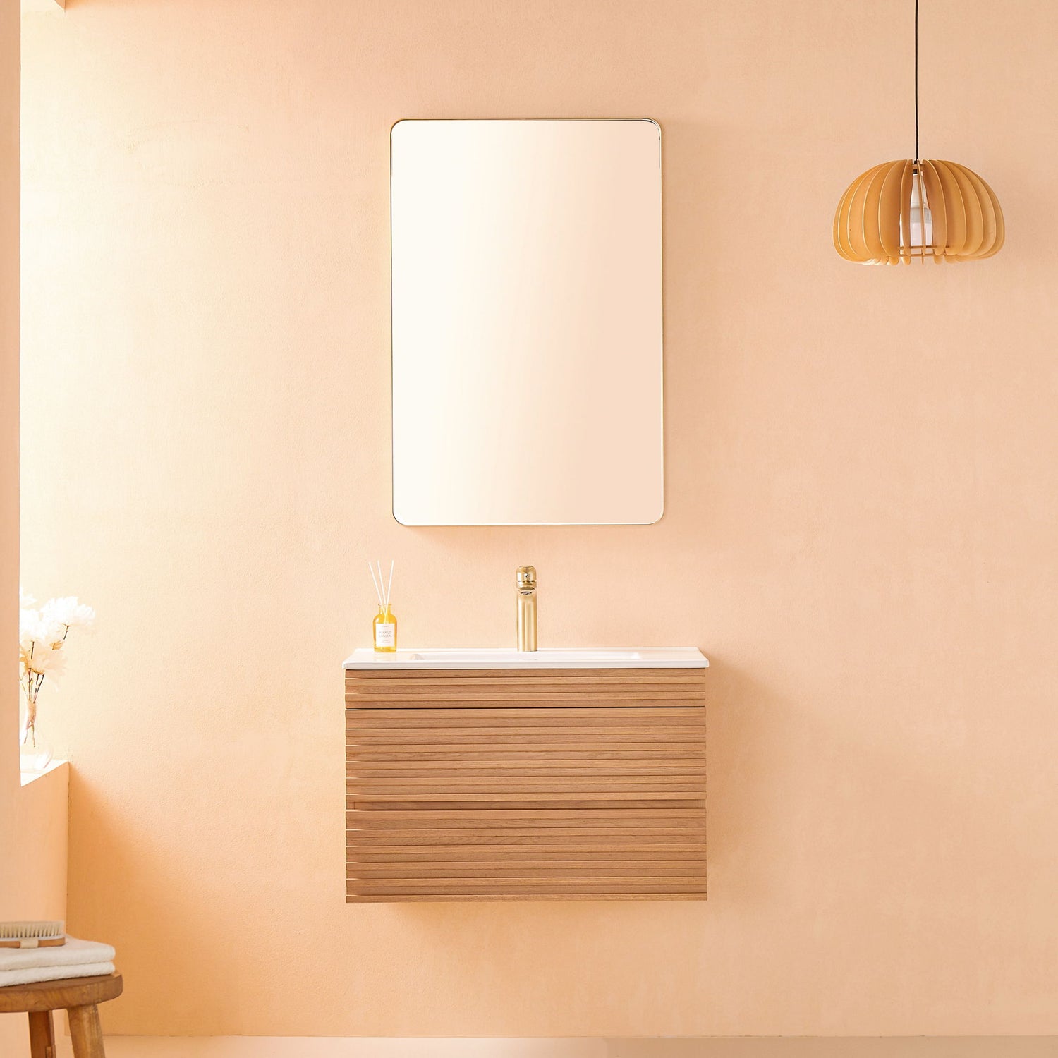 Wall Mounted &amp; Floating Single Vanity With Ceramic Sink - Natural Walnut