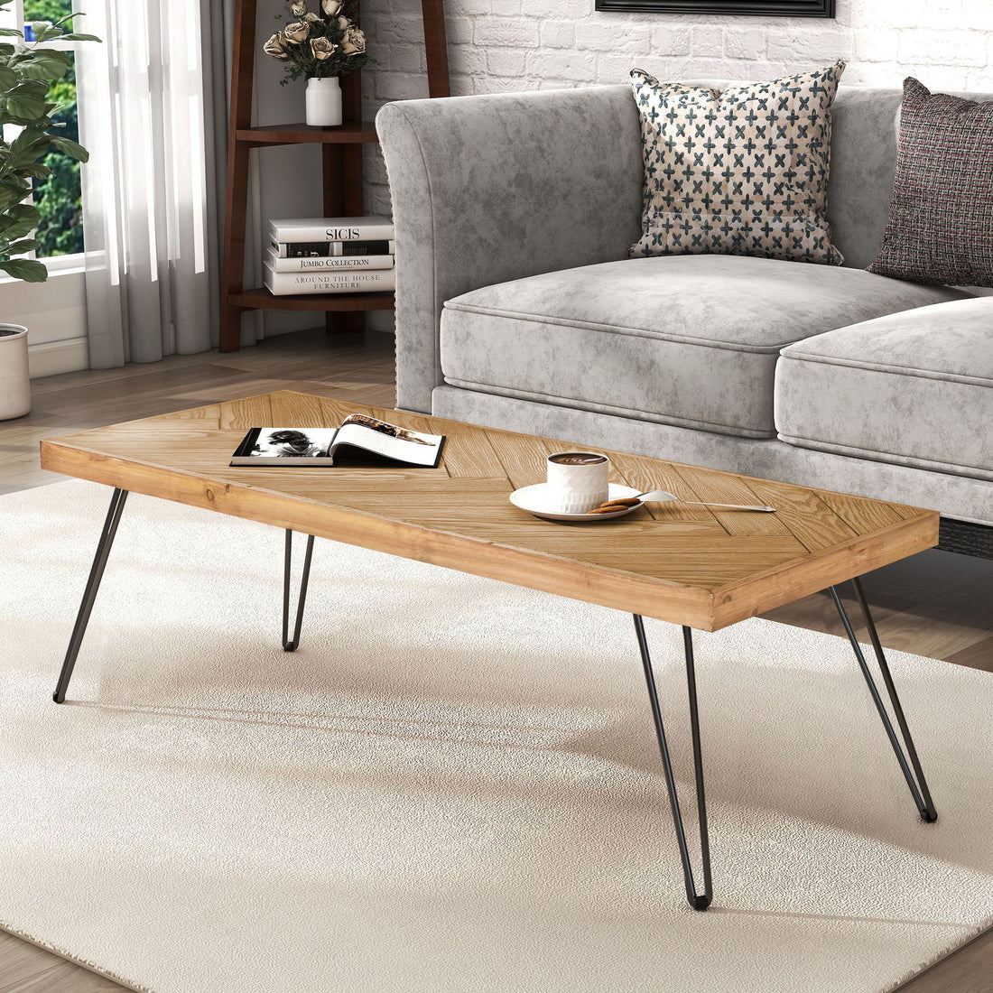 Modern Coffee Table Tea Table, Cocktail Table With With Chevron Pattern &amp; Metal Hairpin Legs For Living Room - Natural