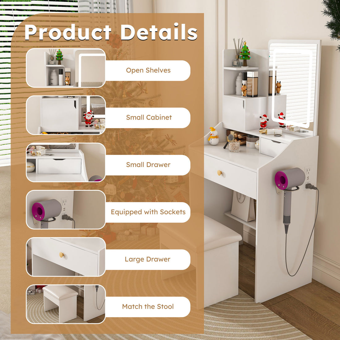 LED Vanity Mirror With Stool, 2 Drawers &amp; 5 Storage Cabinets, Adjustable Lighting Mdf Dressing Table For Bedroom - White