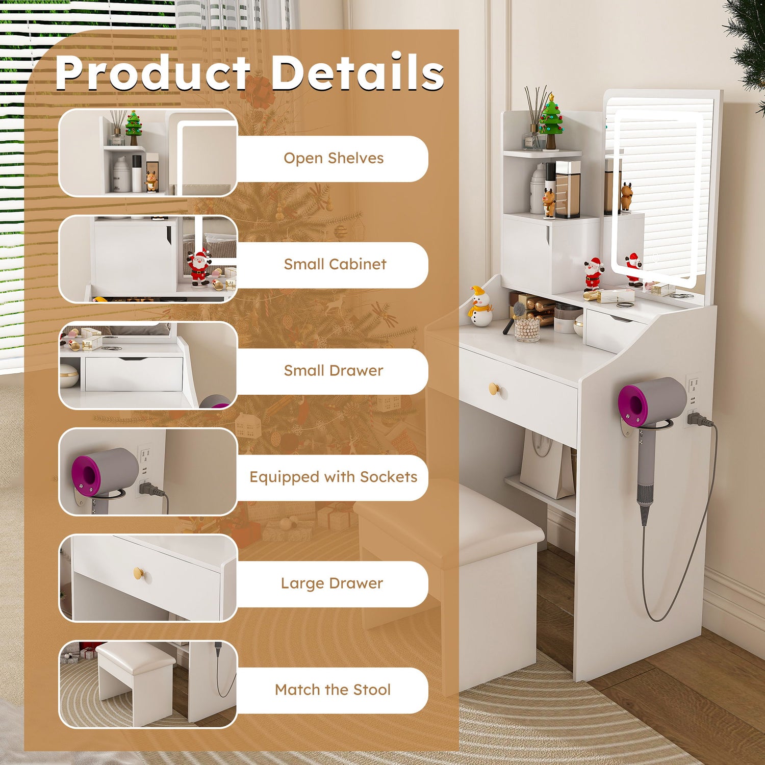 LED Vanity Mirror With Stool, 2 Drawers &amp; 5 Storage Cabinets, Adjustable Lighting Mdf Dressing Table For Bedroom - White