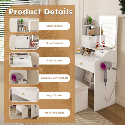 LED Vanity Mirror With Stool, 2 Drawers &amp; 5 Storage Cabinets, Adjustable Lighting Mdf Dressing Table For Bedroom - White
