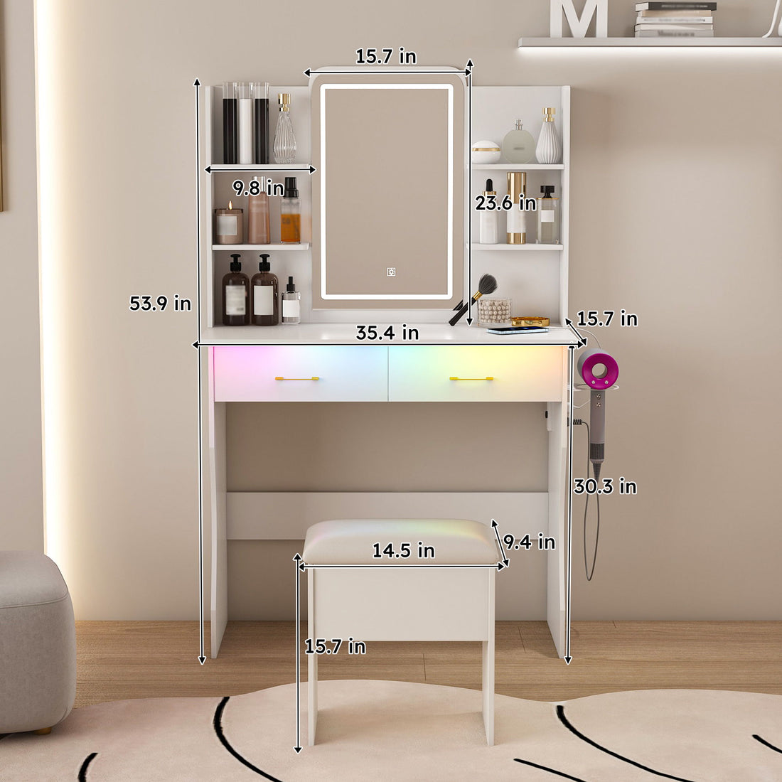 Vanity Desk With LED Lights Mirror, Power Outlet, Storage Drawers &amp; Chair - White