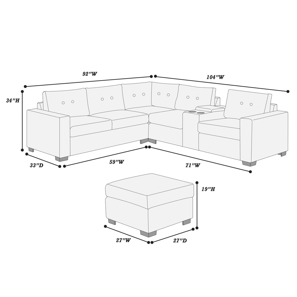 Sectional Set With Reversible Loveseat, USB Console, Corner Wedge &amp; Ottoman