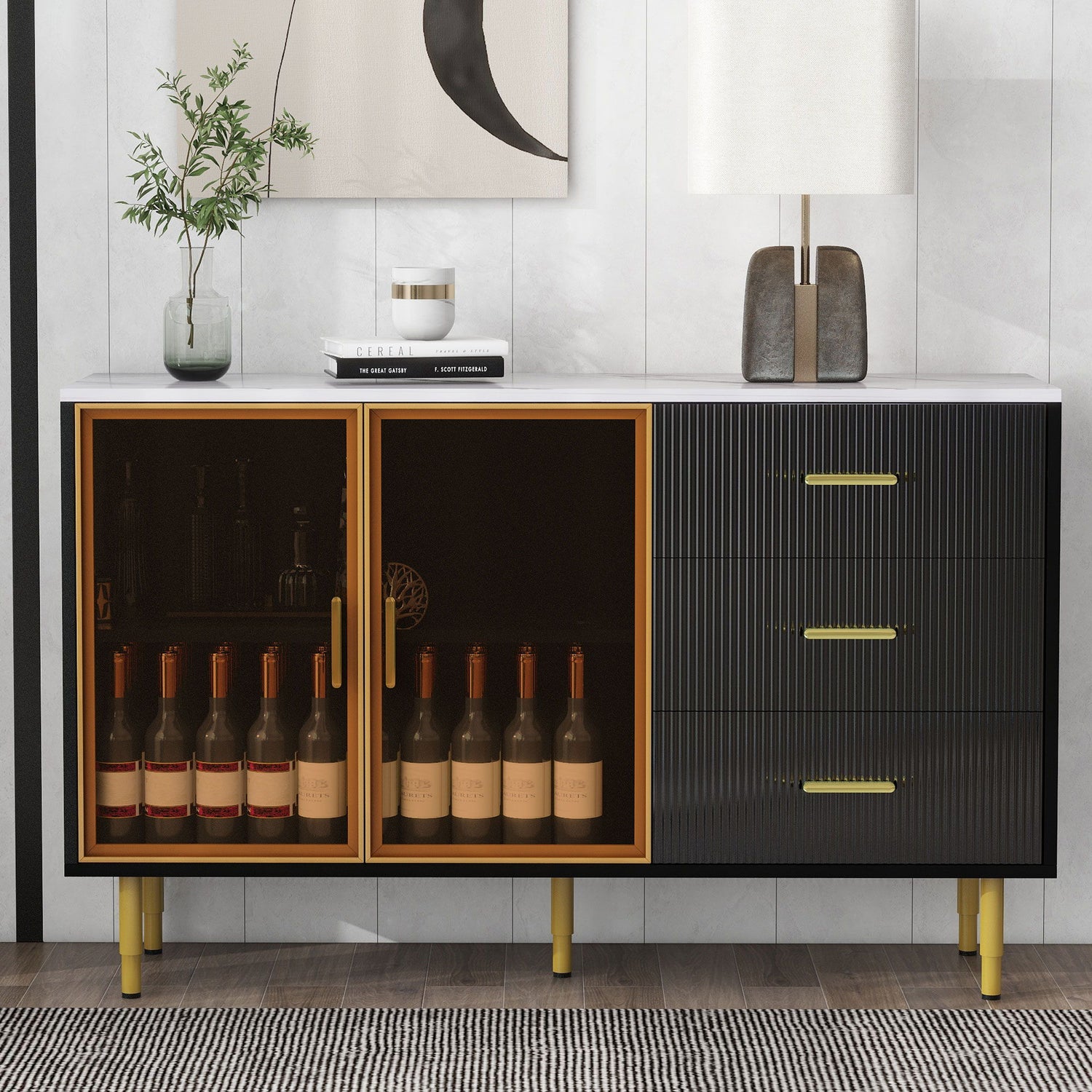 Modern Sideboard Buffet Cabinet Marble Sticker Tabletop And Amber-Yellow Tempered Glass Doors With Gold Metal Legs &amp; Handles