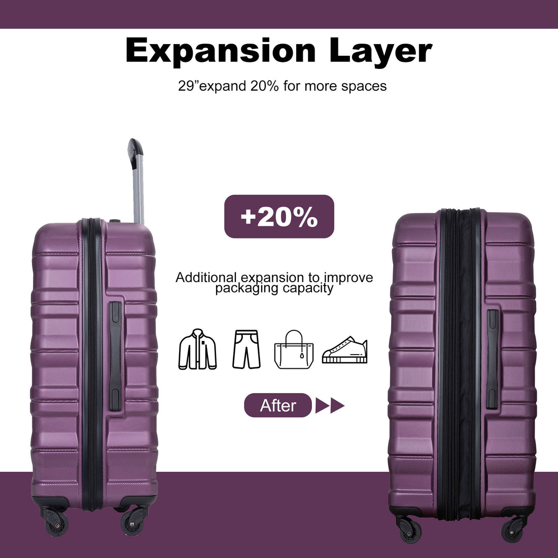 Expandable 3 Piece Luggage Sets Pc Lightweight &amp; Durable Suitcase With Two Hooks, Spinner Wheels, Tsa Lock, (21/25/29) - Dark Purple