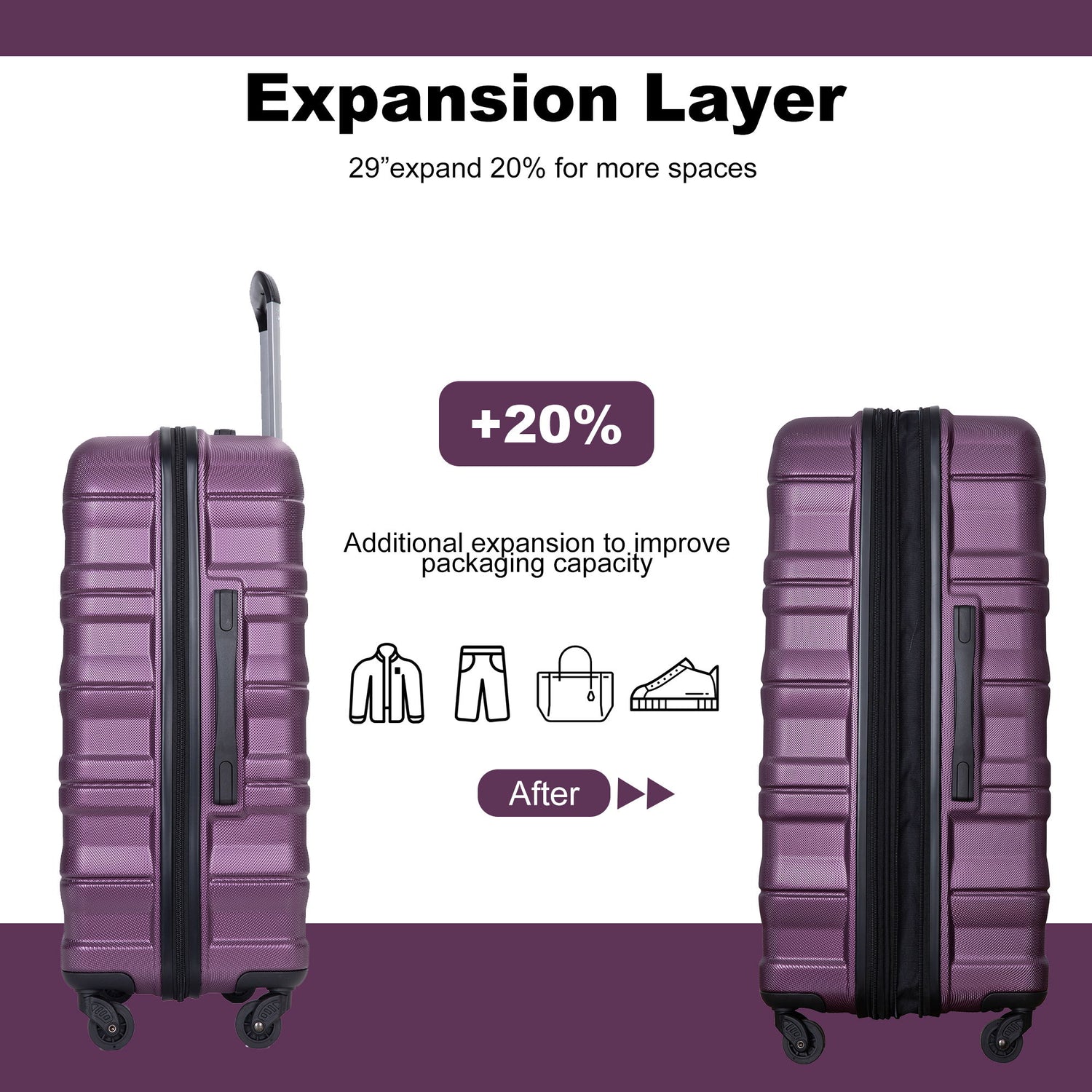 Expandable 3 Piece Luggage Sets Pc Lightweight &amp; Durable Suitcase With Two Hooks, Spinner Wheels, Tsa Lock, (21/25/29) - Dark Purple