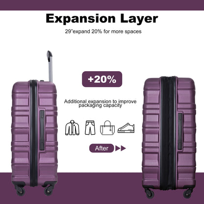 Expandable 3 Piece Luggage Sets Pc Lightweight &amp; Durable Suitcase With Two Hooks, Spinner Wheels, Tsa Lock, (21/25/29) - Dark Purple
