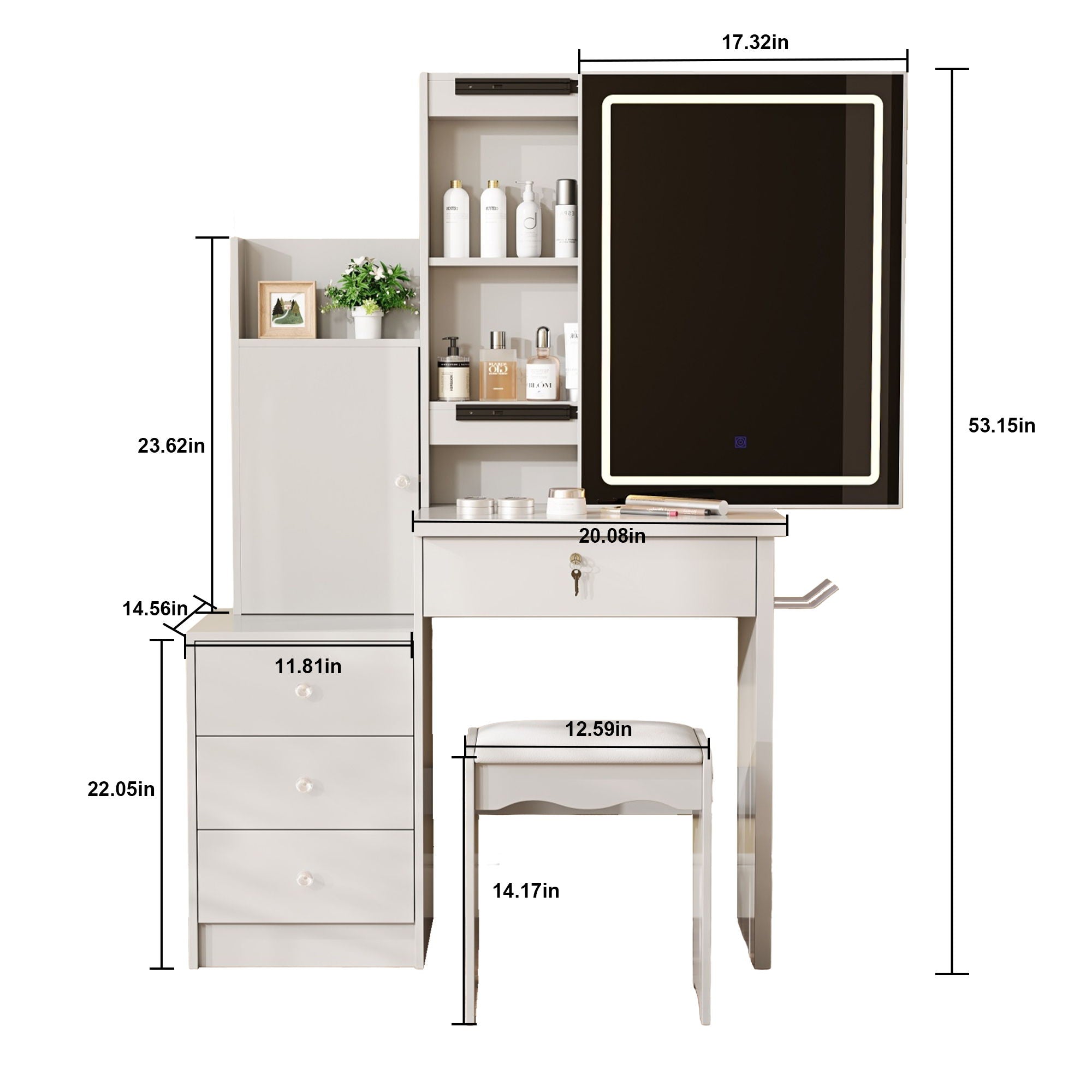Vanity Desk Set With Sliding Lighted Mirror, 4 Drawer Makeup Dressing Table With 9 Storage Spaces, Hidden Compartments &amp; Cushioned Stool, Beauty Furniture For Bedroom - White
