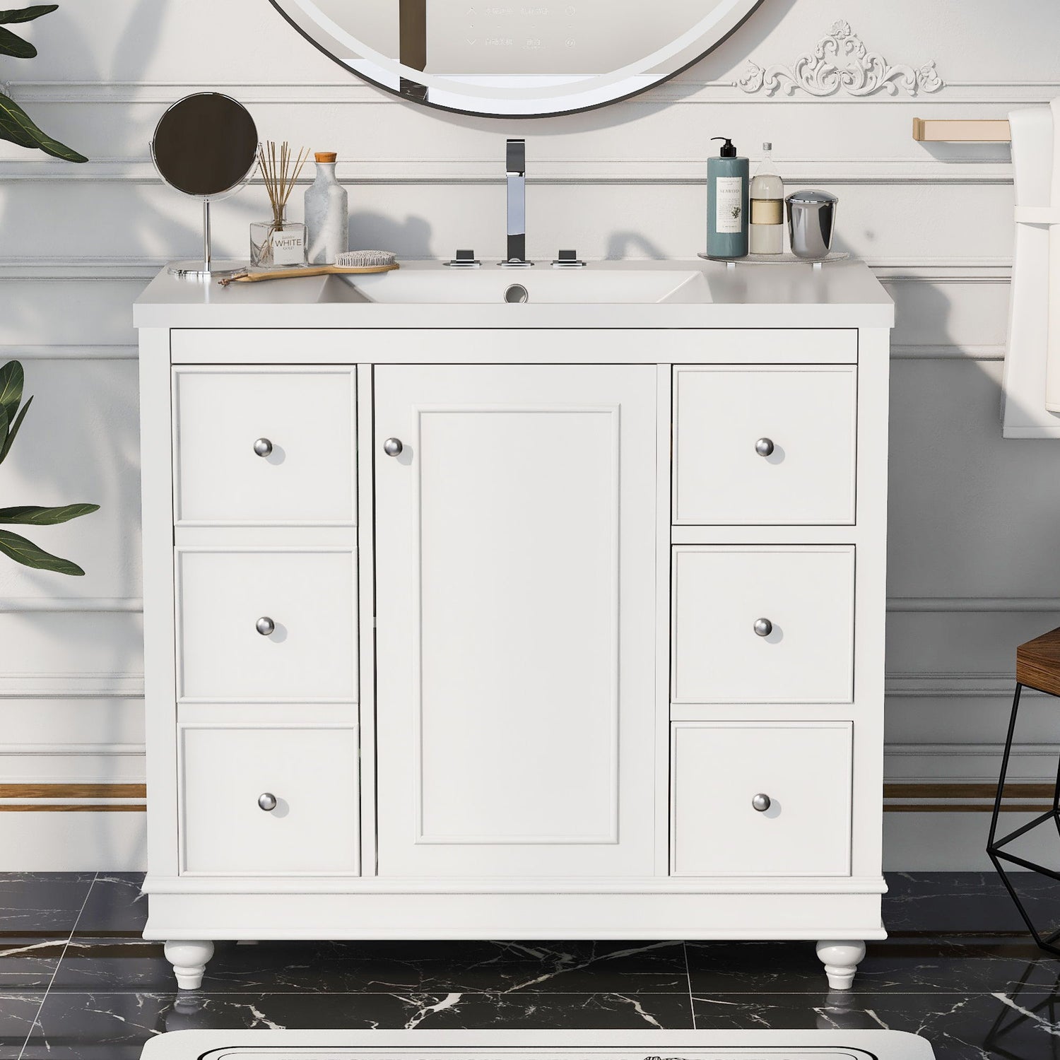 Contemporary Bathroom Vanity Cabinet, 4 Drawers &amp; 1 Cabinet Door, Multipurpose Storage, Resin Integrated Sink, Adjustable Shelves, Solid Wood Frame With MDF
