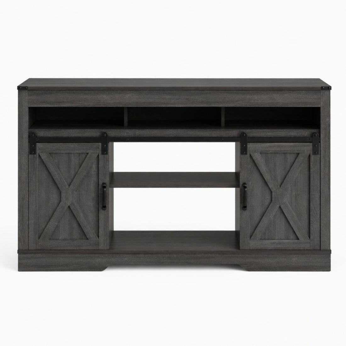 Farmhouse TV Stand With Sliding Barn Doors &amp; Adjustable Storage