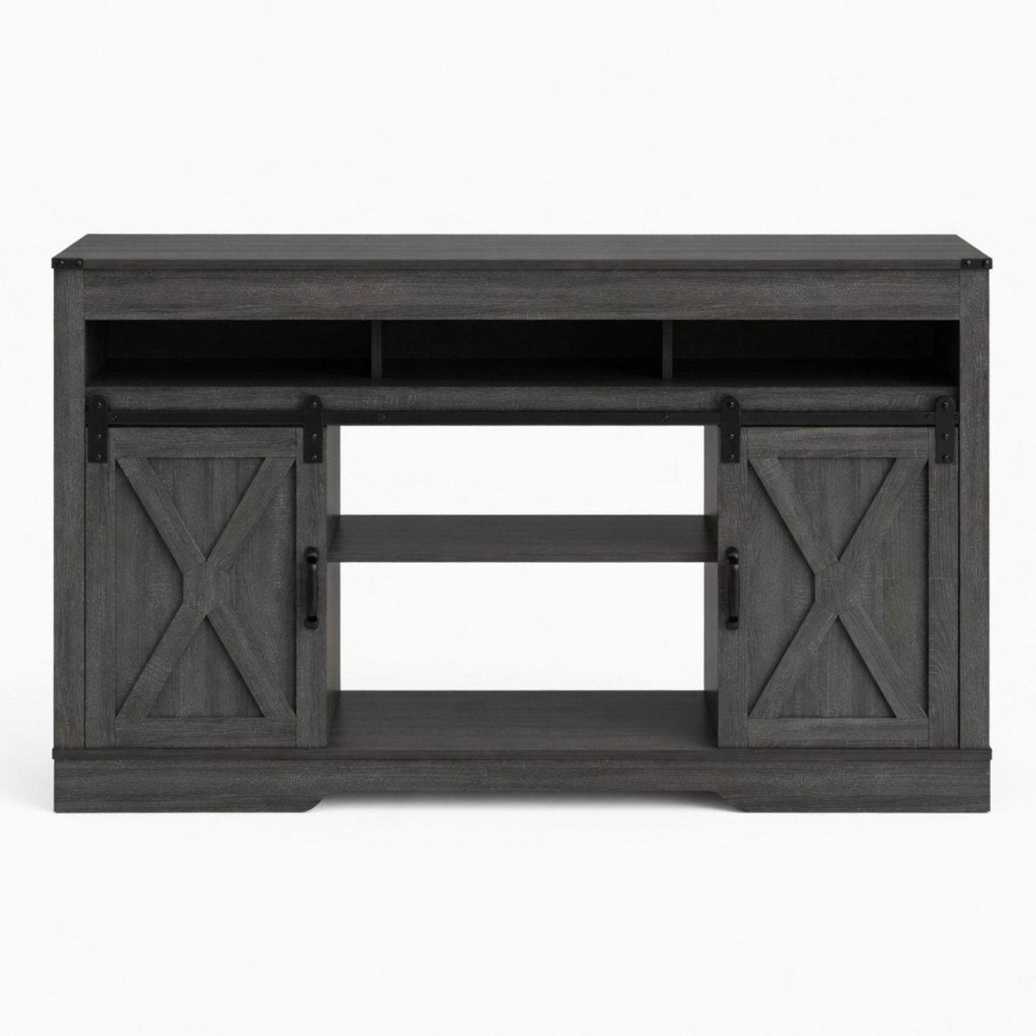 Farmhouse TV Stand With Sliding Barn Doors &amp; Adjustable Storage