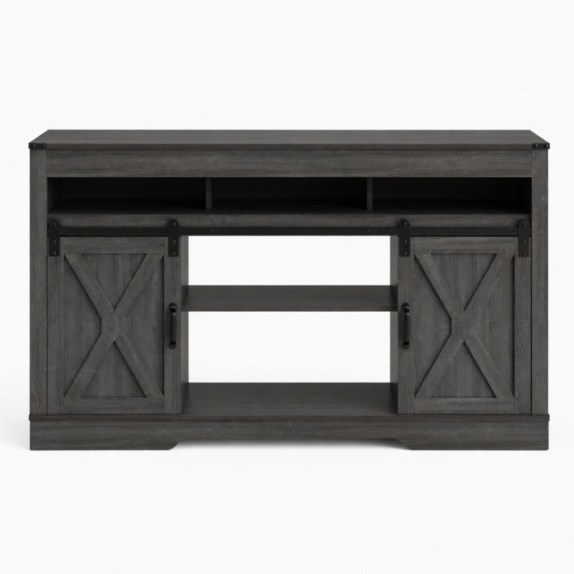 Farmhouse TV Stand With Sliding Barn Doors &amp; Adjustable Storage