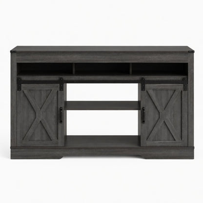 Farmhouse TV Stand With Sliding Barn Doors &amp; Adjustable Storage