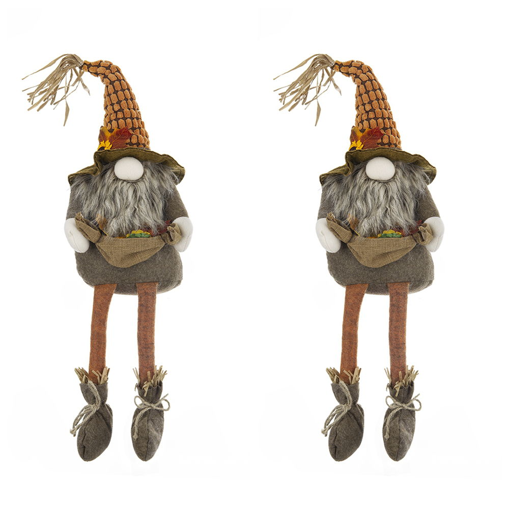 Sitting Gnome With Maple Leaf, For Holiday Harvest Festival Fall Festival &amp; Thanksgiving Table Decorations (Set of 2) - Orange Multi