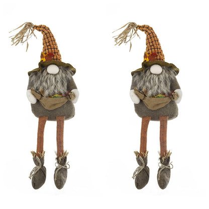 Sitting Gnome With Maple Leaf, For Holiday Harvest Festival Fall Festival &amp; Thanksgiving Table Decorations (Set of 2) - Orange Multi