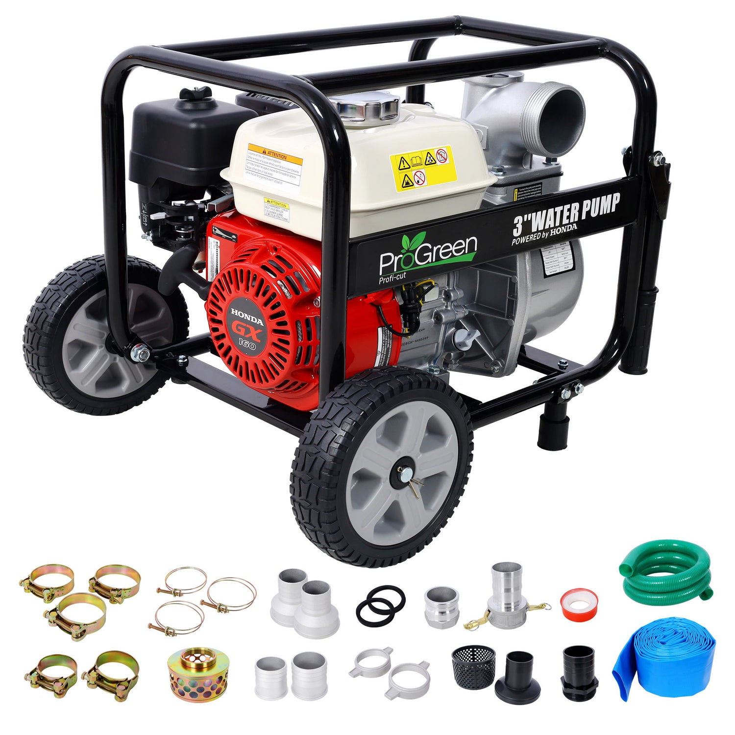 Honda - Gx160 Engine Water Pump 3&quot; 264Gpm With Accessories Kit And Handle Wheel Kit - Black / Red