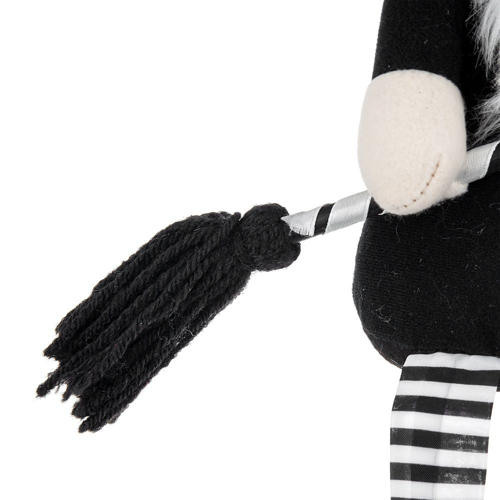 Sitting Gnome With Broomstick &amp; Long Legs, For Halloween Decor - Black White