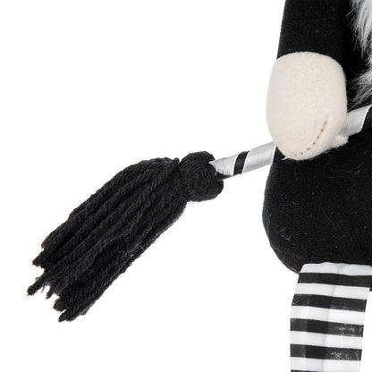 Sitting Gnome With Broomstick &amp; Long Legs, For Halloween Decor - Black White