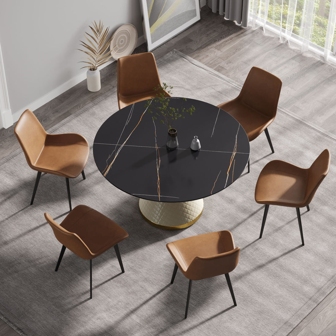 53.15&quot; Modern Artificial Stone Round Carbon Steel Base Dining Table, Can Accommodate 6 People - Black / White