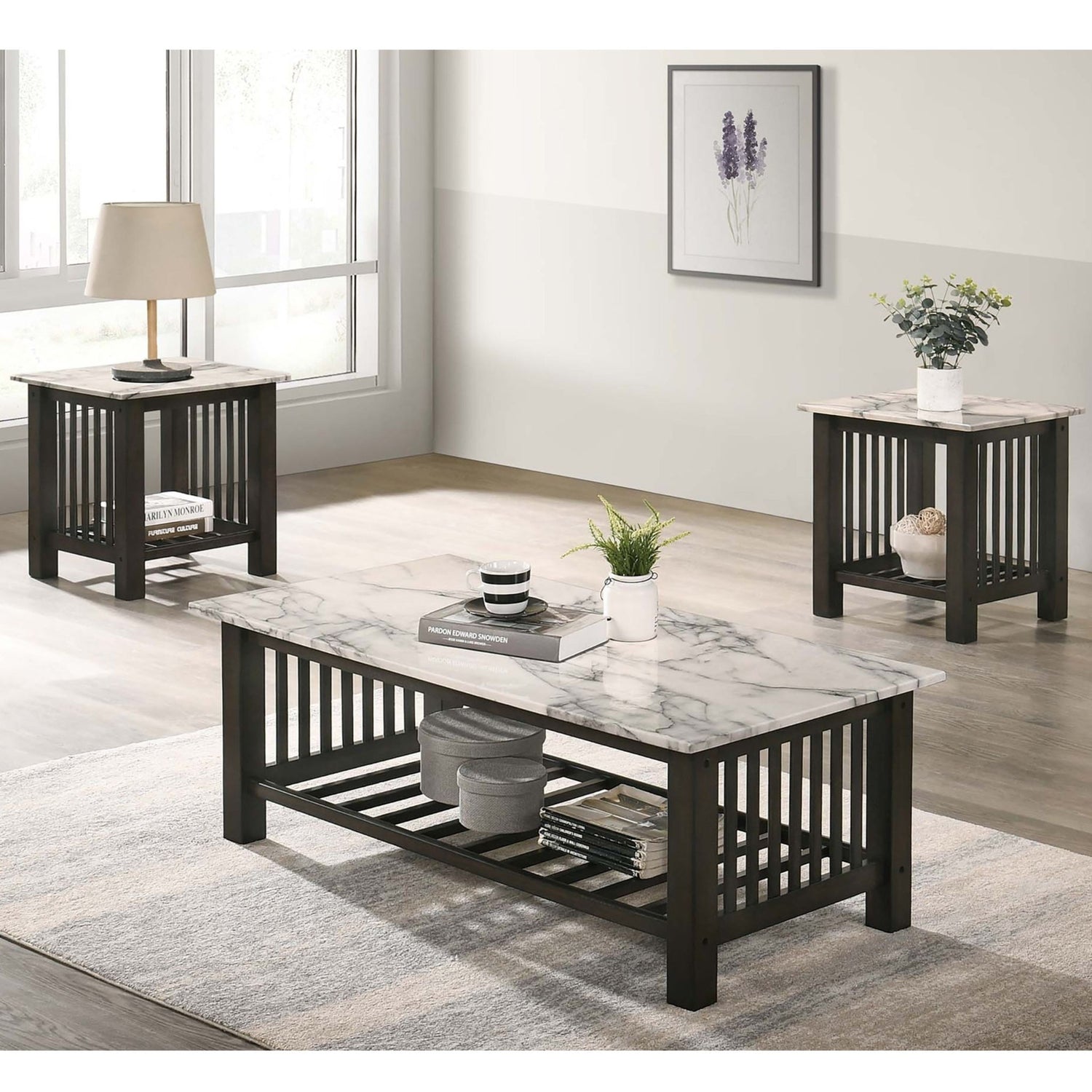 3 Piece Occasional Table Set, 1 Coffee Table And 2 End Tables, Open Storage Design - Walnut
