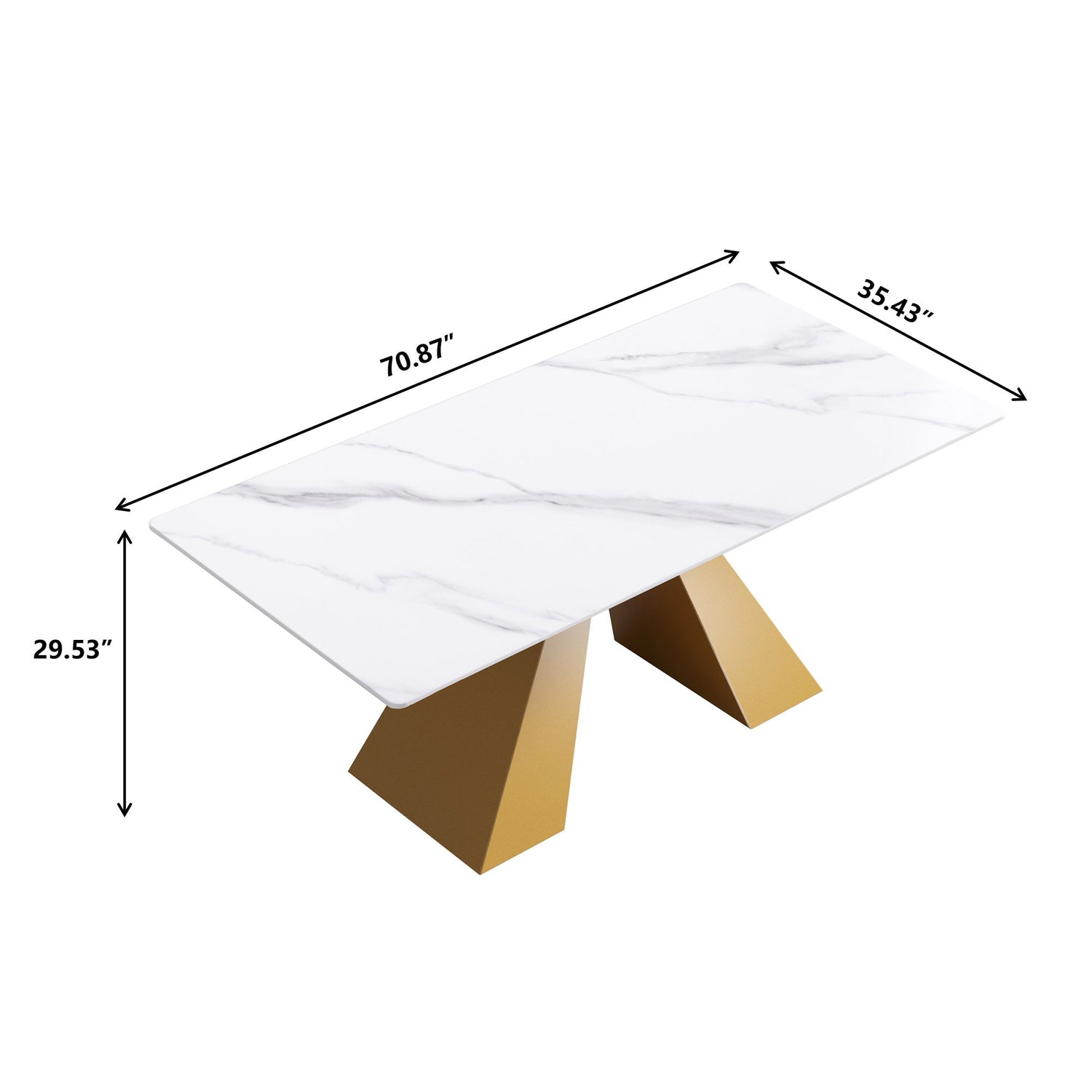 70.87&quot; Modern Artificial Stone White Straight Edge Metal Leg Dining Table - White / Gold
