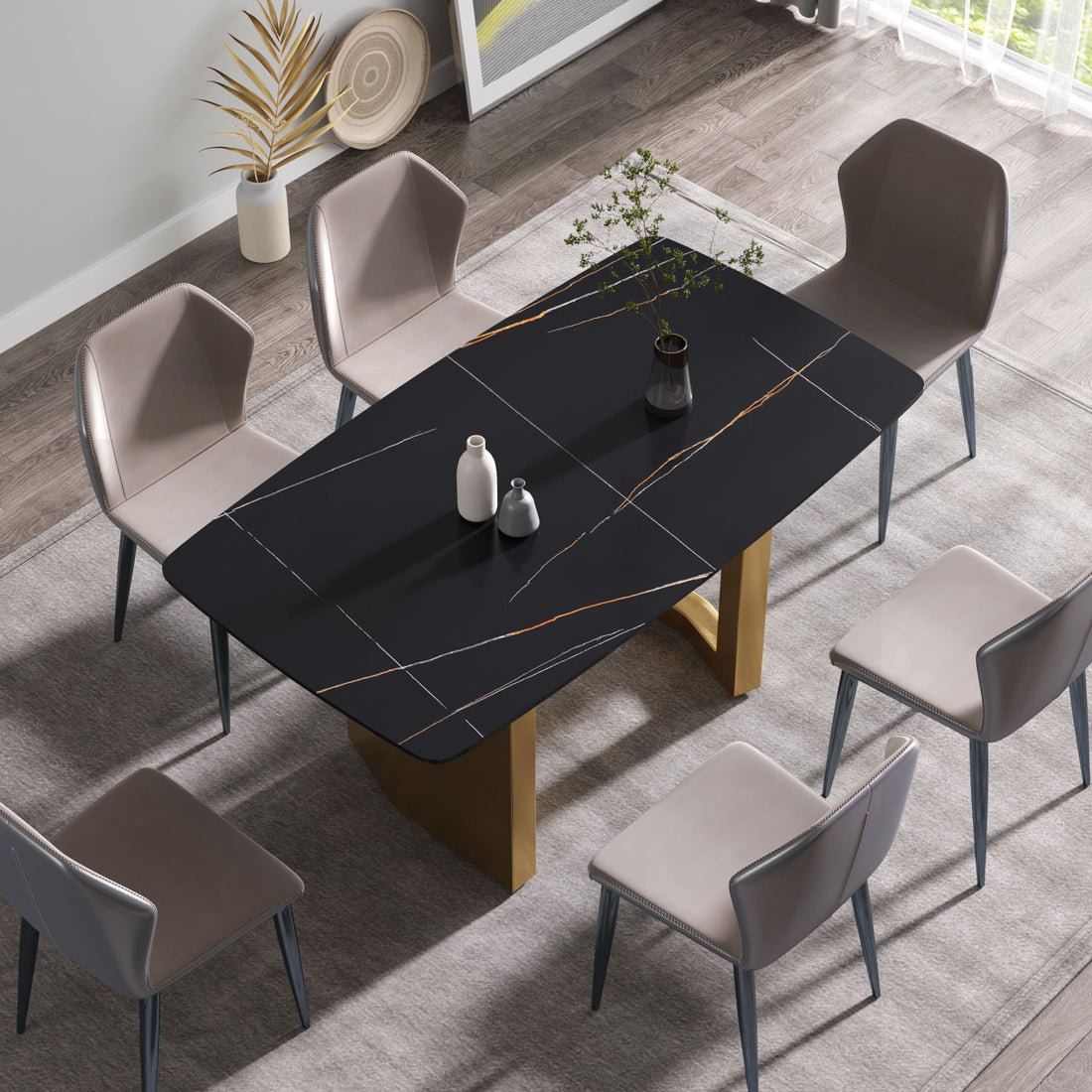 63&quot; Artificial Stone Curved Golden Metal Leg Dining Table, 6 People - Black / Gold