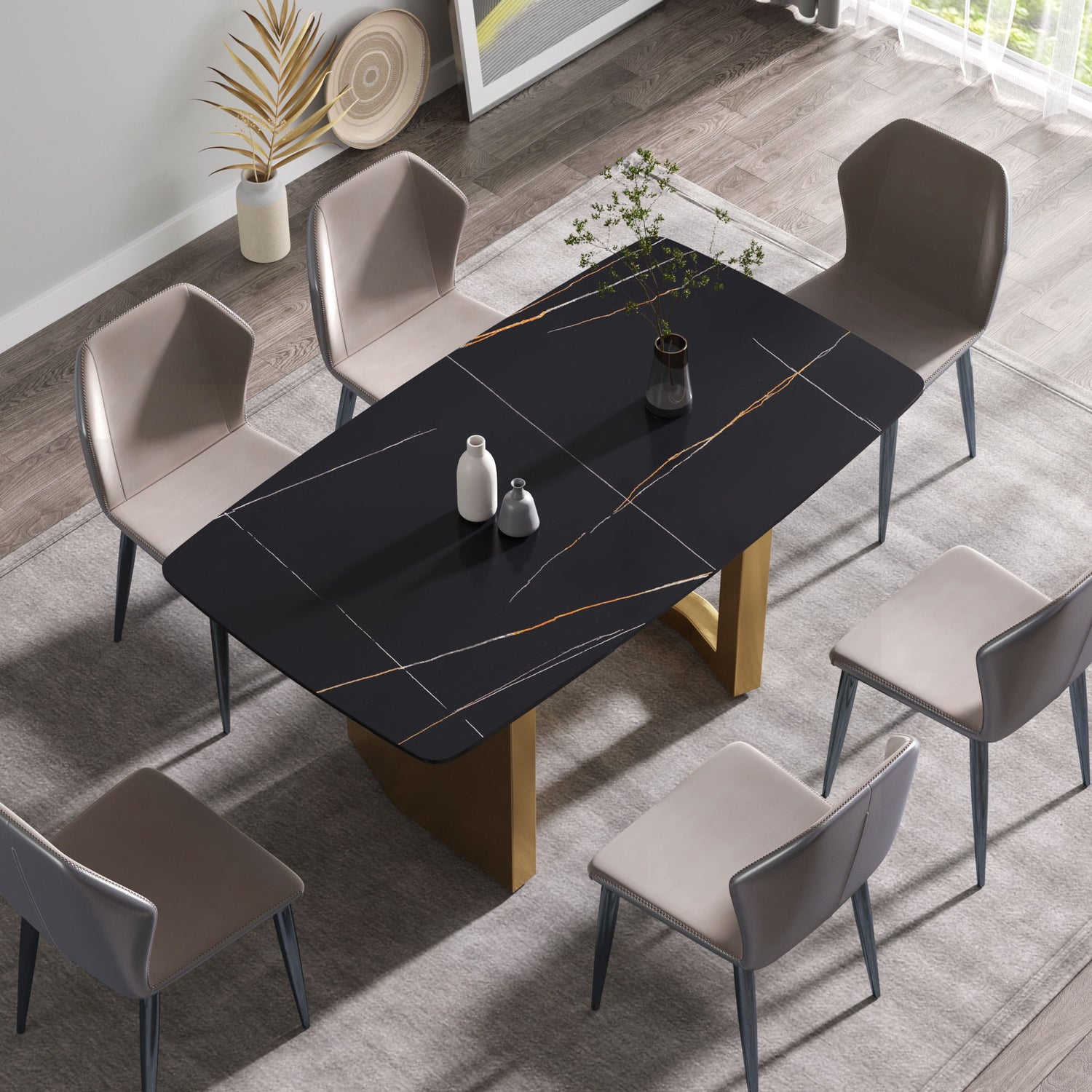 63&quot; Artificial Stone Curved Golden Metal Leg Dining Table, 6 People - Black / Gold
