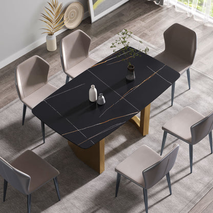 63&quot; Artificial Stone Curved Golden Metal Leg Dining Table, 6 People - Black / Gold
