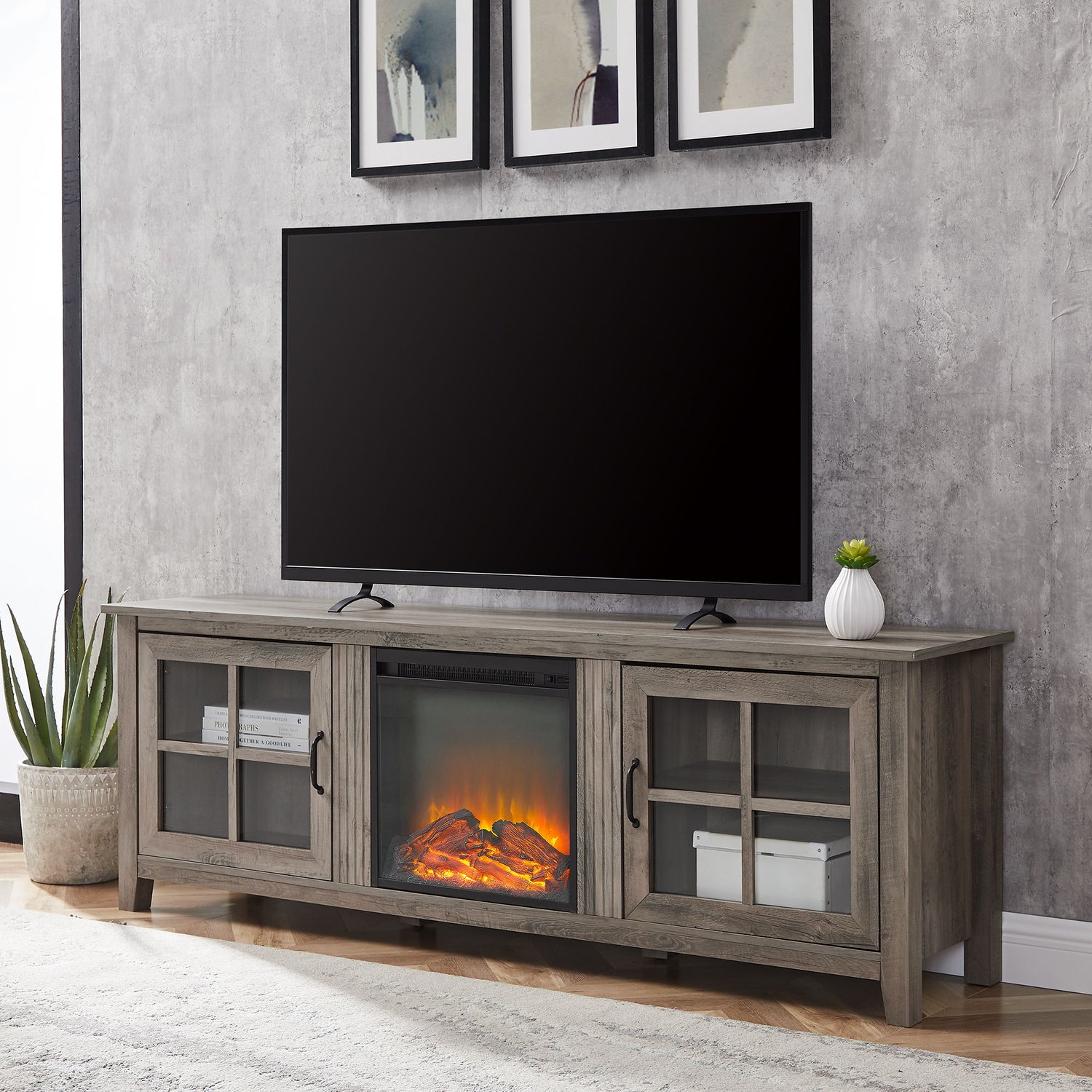 Modern Farmhouse 2 Door Glass Windowpane 70&quot; TV Stand For 80&quot; TVs