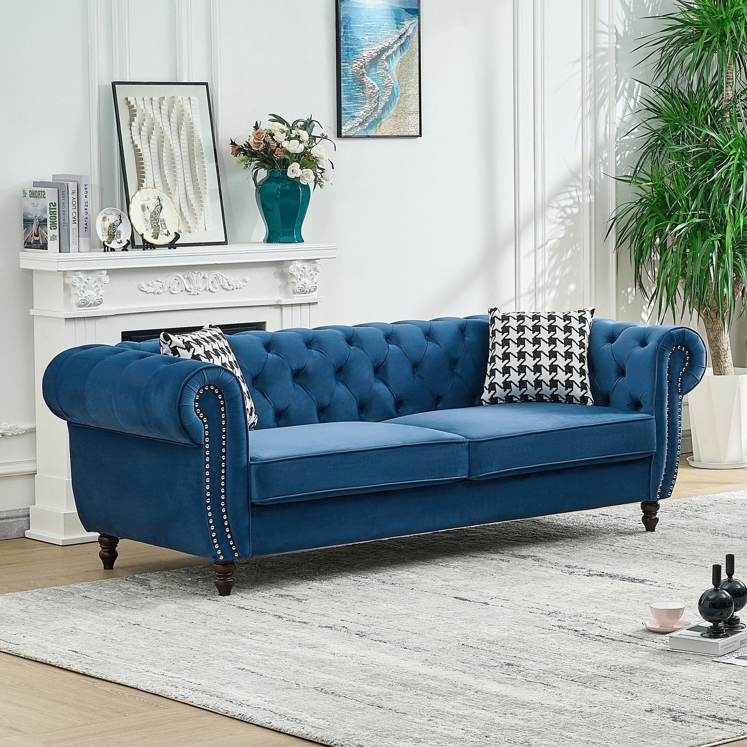 Mid Century Chesterfield Velvet Fabric Sofa With Roll Armrest &amp; Nailhead, Blue, 87 Inches