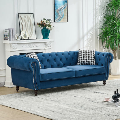 Mid Century Chesterfield Velvet Fabric Sofa With Roll Armrest &amp; Nailhead, Blue, 87 Inches