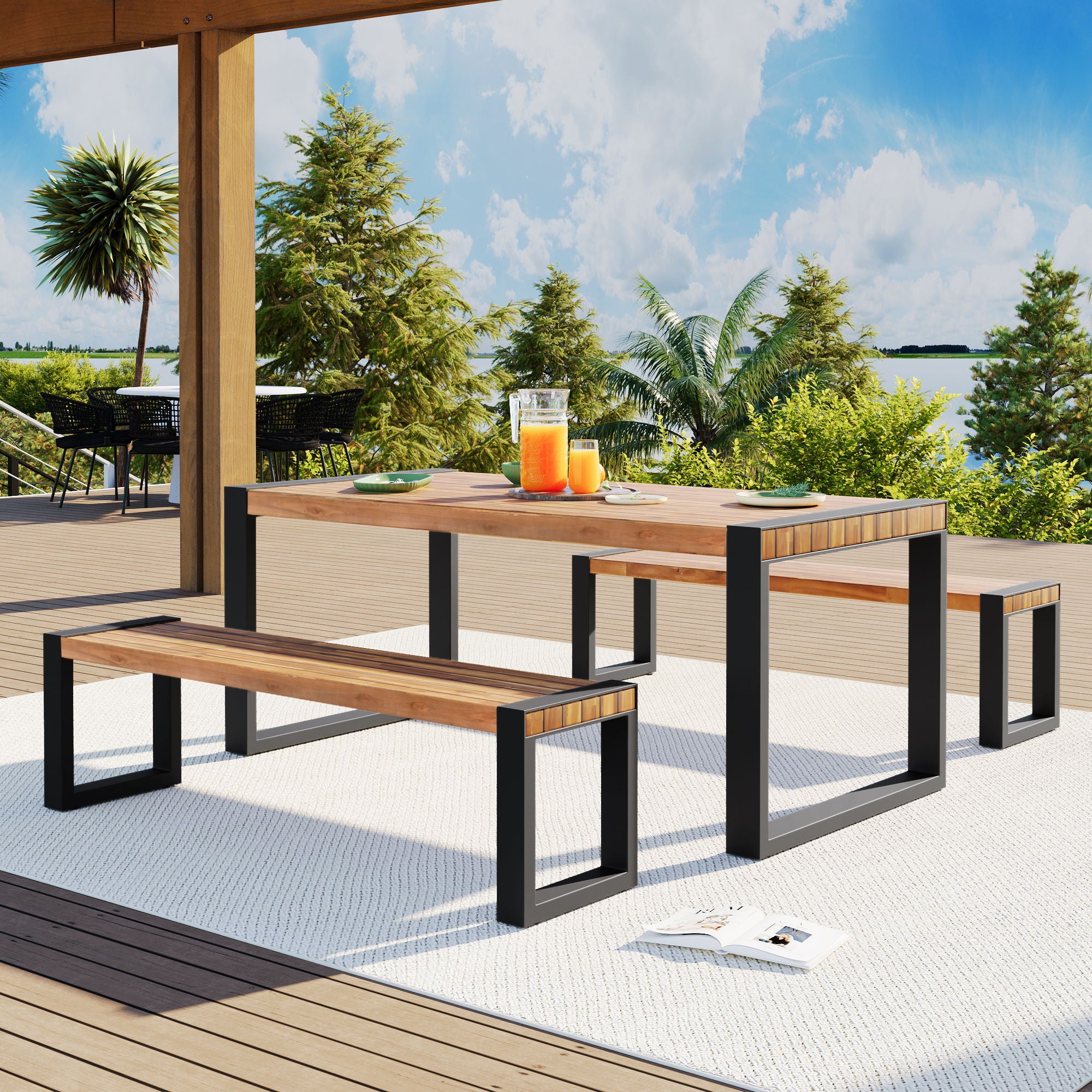 3 Pieces Outdoor Dining Table With 2 Benches, Patio Dining Set With Unique Top Texture, Acacia Wood Top &amp; Steel Frame, All Weather Use, For Outdoor &amp; Indoor - Natural