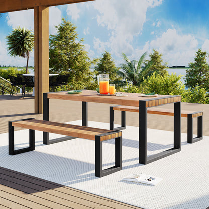 3 Pieces Outdoor Dining Table With 2 Benches, Patio Dining Set With Unique Top Texture, Acacia Wood Top &amp; Steel Frame, All Weather Use, For Outdoor &amp; Indoor - Natural